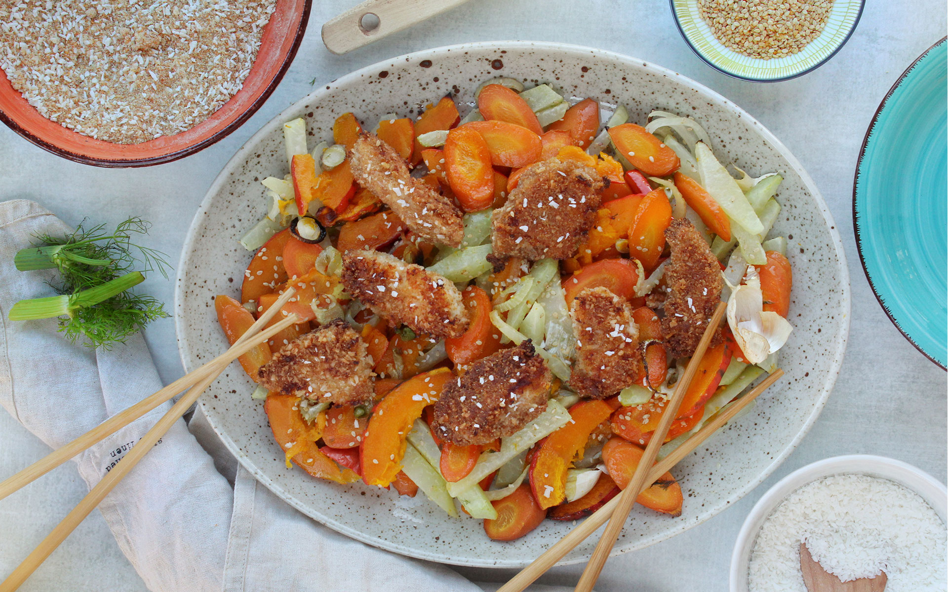 Kokos Hendl Schnitzel auf Asia-Ofengemüse